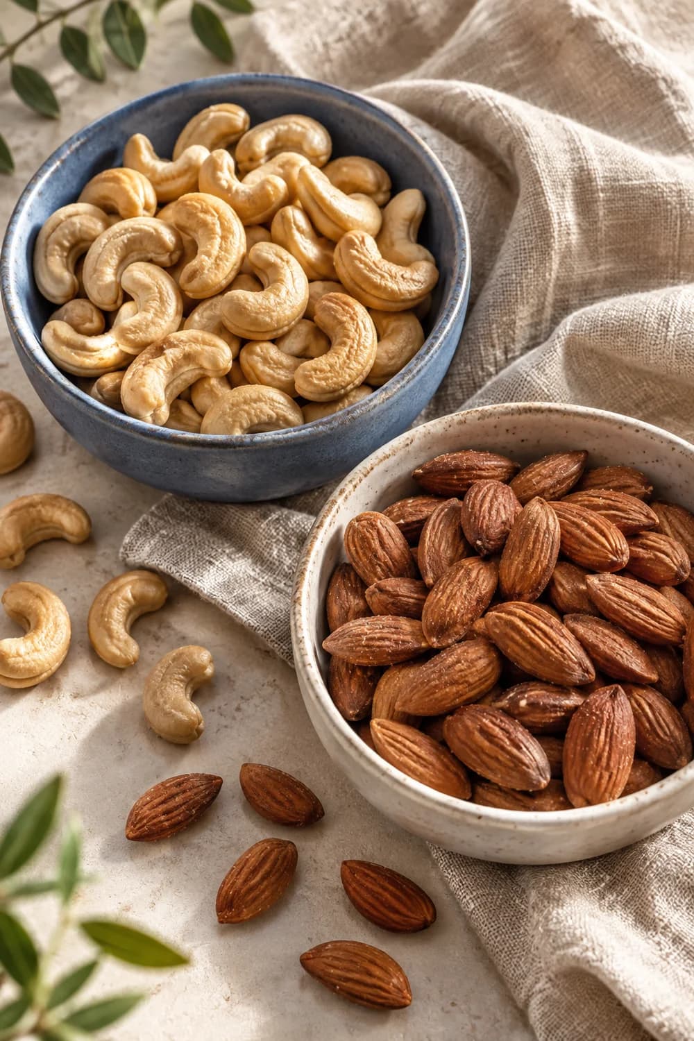 Cashewnötter och mandlar i keramikskålar på en linneduk